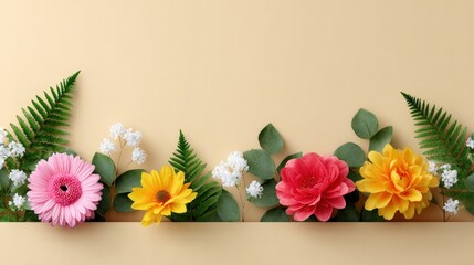 Beautiful colorful floral arrangement with pink, yellow, red flowers, lush green leaves, vibrant natural beauty, artistic design, perfect for decor and celebration