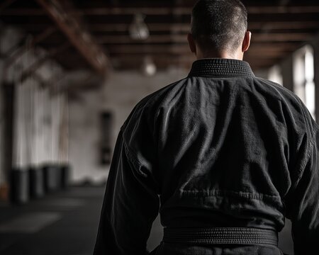 Martial arts practitioner in black uniform, back view (9) - Powered by Adobe
