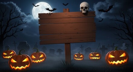 Eerie Halloween night scene with glowing jack-o'-lanterns, flying bats, a full moon, and an empty wooden sign for text.
