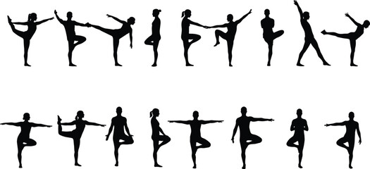 Collection of yoga poses silhouette vector illustration showing people practicing balance, flexibility, meditation, and stretching exercises for health and wellness.