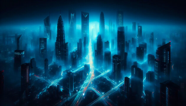 Cityscape Fog Neon Blue Light
