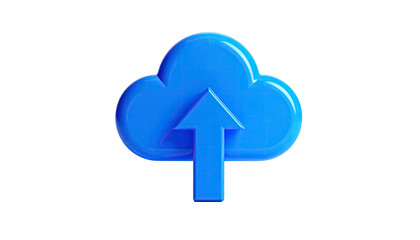 A glossy, blue cloud icon with a upward-pointing arrow on a black background