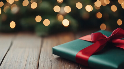 Green gift box with red ribbon on wooden table at Christmas