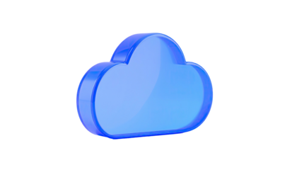 Glossy, blue, three-dimensional cloud icon floating against a deep black background