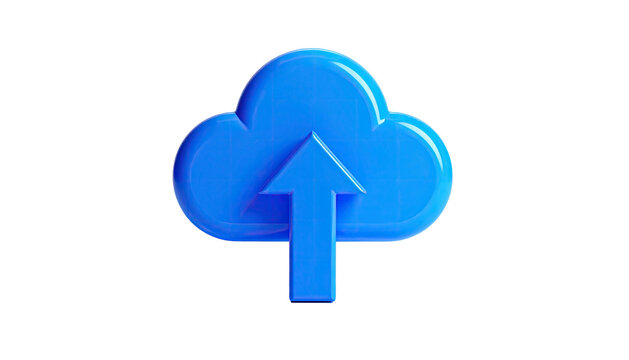 A glossy, blue cloud icon with a upward-pointing arrow on a black background