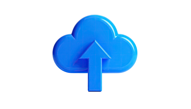 A glossy, blue cloud icon with a upward-pointing arrow on a black background
