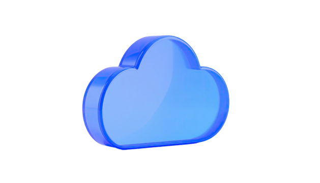 Glossy, blue, three-dimensional cloud icon floating against a deep black background