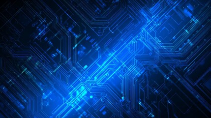 Futuristic circuit board background with glowing blue lines and abstract electronic components
