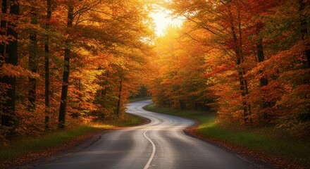 Obraz premium Winding road through autumn forest with sunlight illuminating the landscape