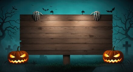 Spooky Halloween blank wooden sign with glowing jack-o'-lanterns, skeleton hands, bats, and a creepy graveyard background.