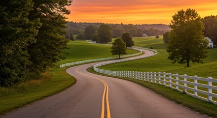 Winding road through countryside landscape at sunset golden hour green fields white fence