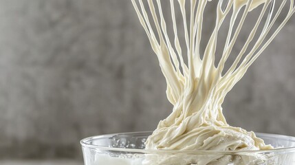 Batter dripping whisk balloon wire vanilla batter flowing strands glass bowl kitchen action dynamic movement culinary preparation vertical lifting