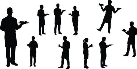 Silhouette illustration of waiter serving food and drinks, hospitality service staff, restaurant worker, professional catering, cafe waiter vector design concept.