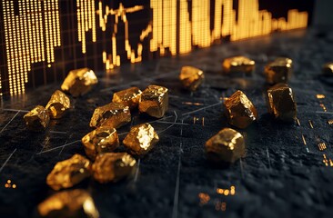 Gold nuggets on dark surface, stock market data in background