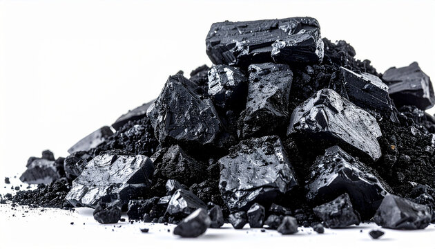 Pile of raw coal ore on white background, detailed texture, natural material.