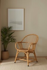 Elegant Wicker Armchair Serene Interior with Plant and Minimalist Art