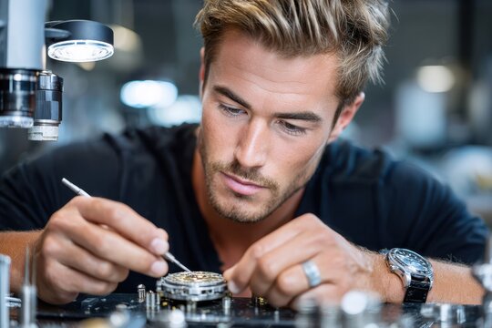 Watchmaker Concentrating on Repairing a Watch - Powered by Adobe