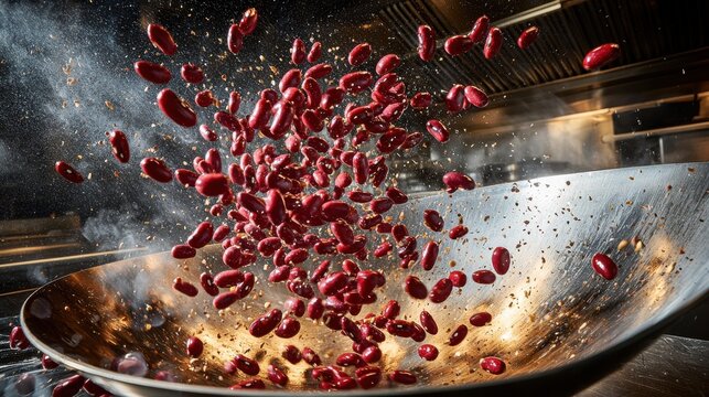 Beans jumping pan red legumes catapulting heated wok graceful trajectories scattered directions culinary action kitchen motion photography