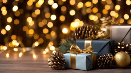 Beautifully wrapped Christmas gifts with golden ribbons and pine cones on a wooden table, festive bokeh background