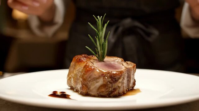 Professional Chef Artfully Garnishes a Gourmet Steak with a Fresh Sprig of Rosemary