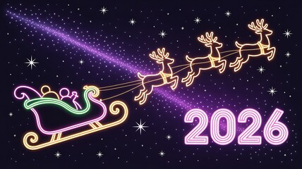 Santa&rsquo;s sleigh outlined in vibrant neon light, pulled by glowing reindeer soaring gracefully across a sparkling starry night sky and text 2026