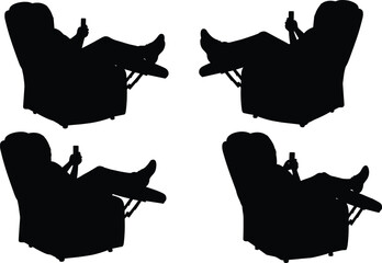 Silhouette sequence of person reclining in chair with remote control showing comfort, relaxation, leisure, ergonomic seating, lifestyle, home furniture design