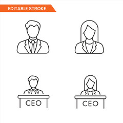 Line Icons of Male and Female CEO Business Leaders – Editable Stroke Vector Illustration
