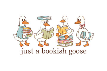 Cute "Just a Bookish Goose" Illustration with Reading Ducks for Book Lovers Sublimation T Shirt Design © Lemon
