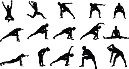 Silhouette vector illustration of men stretching, fitness exercise, yoga poses, workout training, flexibility, sport activity, healthy lifestyle, physical activity.