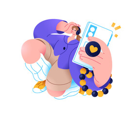 Happy teen girl with smartphone in hand listens to music with headphones. Cute young woman with mobile phone dances by songs in her headset. Flat isolated vector illustration on white background