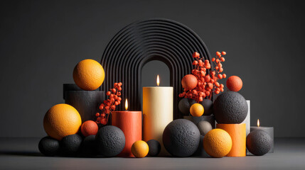 Creative arrangement of colorful candles and decorative spheres on a dark backdrop showcasing modern design aesthetics