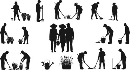 Silhouette vector illustration of people gardening with tools, watering plants, farming activities, outdoor lifestyle, agriculture work, planting and harvesting scene.