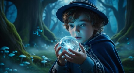 A young wizard casts spells with a glowing orb in a mystical forest. Perfect for fantasy novels, Halloween designs, or children's illustrations. Storytelling. Fairy tale.