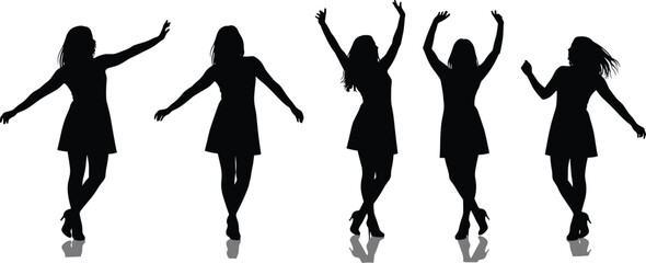 Silhouette vector illustration of women dancing in various poses, modern fashion style, lifestyle concept, elegant movement, beauty and artistic design.