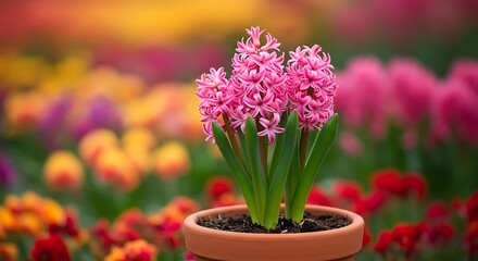 Vibrant pink hyacinth flowers in full bloom pot isolated against colorful garden