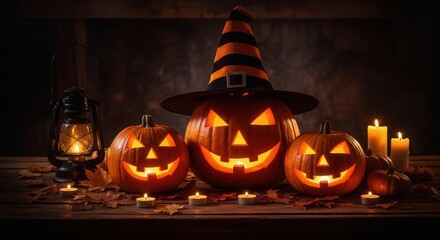 Spooky Halloween scene with glowing jack-o'-lanterns, witch hat, flickering candles, autumn leaves, and vintage lantern on a dark wooden background.