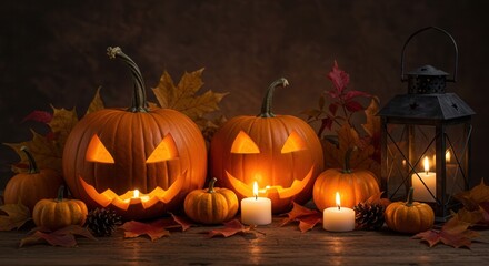 Classic Halloween display: glowing carved pumpkins, autumn leaves, and flickering candles creating a warm, festive atmosphere.