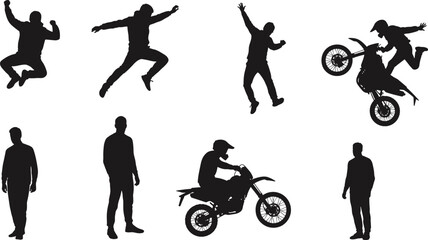 Silhouettes of People Jumping, Standing, and Performing Motorcycle Stunts in Dynamic Poses, Action Figures in Motion and Static Positions