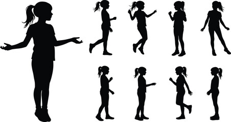 Silhouette vector illustration of young girl standing, walking, playing, posing, child activity, childhood expression, lifestyle, casual movement, innocence, fun.