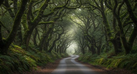Winding road through lush green forest canopy with overhanging branches and atmospheric sunlight