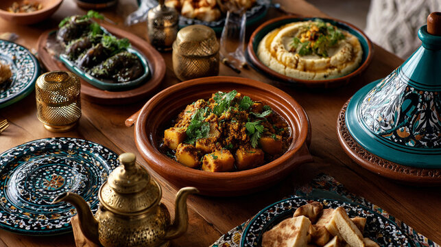 Mesa servida con taj&iacute;n de verduras, hummus, pan &aacute;rabe y t&eacute; en vajilla tradicional marroqu&iacute; decorada