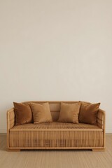 Elegant Woven Bamboo Sofa with Plush Pillows Earth Tones and Modern Design