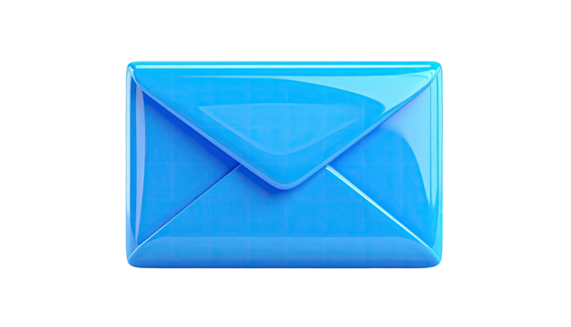 Shiny, light-blue envelope icon against a black background, 3D rendering