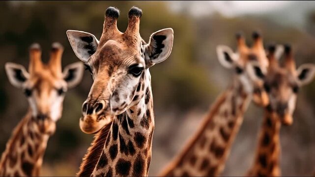 Three giraffes stand in focus featuring distinct spotted patterns and elongated necks in a natural setting