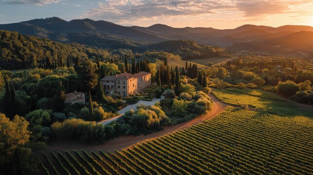 A golden-hour aerial view of a perfectly aligned vineyard in Tuscany. Neat rows of vines stretch toward a historic stone villa, bathed in warm sunlight.