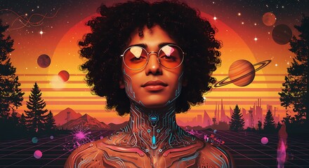 Stylized portrait of a person with an afro and reflective sunglasses in a retro-futuristic cosmic landscape with planets and a vibrant sunset.
