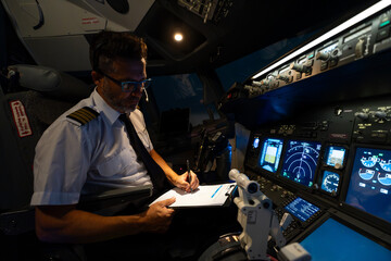 Commercial pilot writing checklist in aircraft cockpit