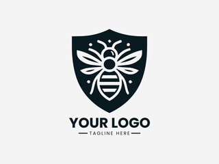 Protective honey bee security vector logo with shield border and guardian wings for safety company