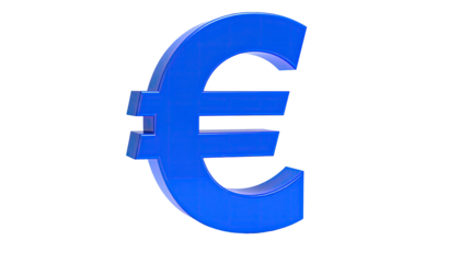 A glossy, bright blue currency symbol, resembling an E with horizontal lines