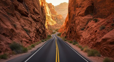 Winding road through red rock canyon landscape with natural light travel and outdoor adventure concept